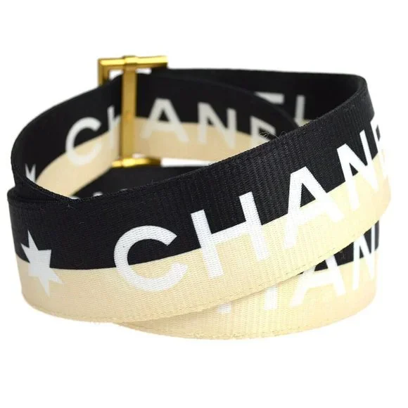 Authenticity Guarantee CHANEL CC Logos Buckle Belt Black Ivory Nylon 01S Authent - Picture 3 of 8